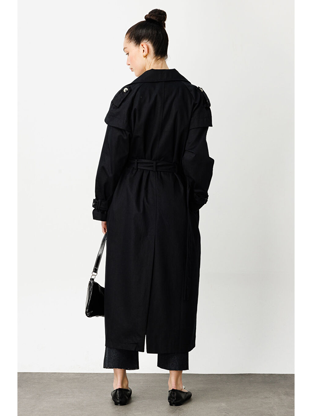 Aller Detaylı Siyah Gabardin Trençkot-6