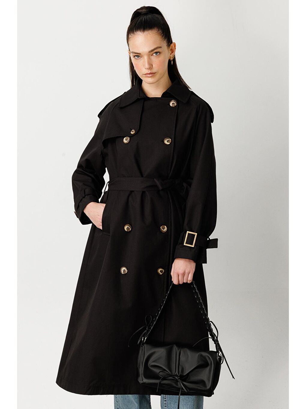 Allerli Uzun Trençkot - Siyah