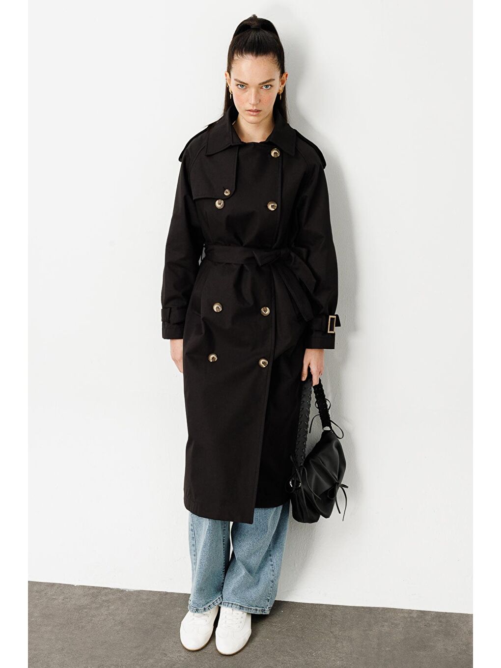 Allerli Uzun Trençkot - Siyah-1