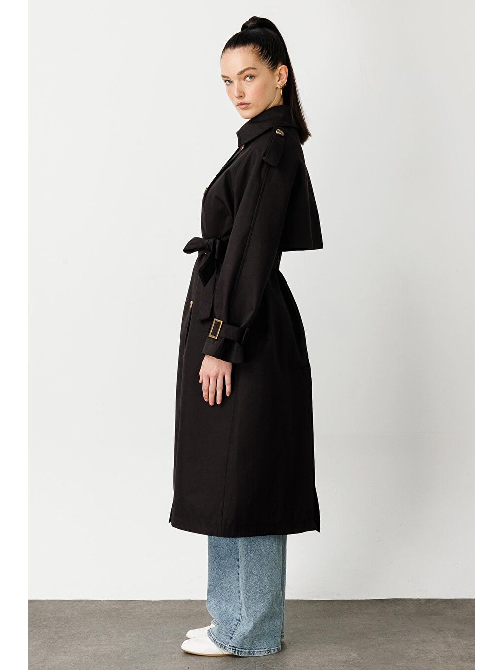 Allerli Uzun Trençkot - Siyah-4