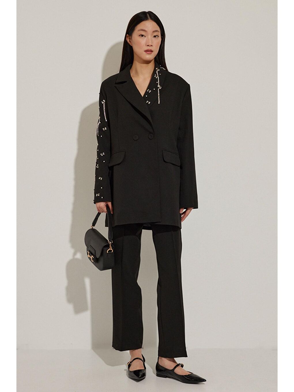 Yaka Ve Kolları Taş İşlemeli Siyah Blazer Ceket-1