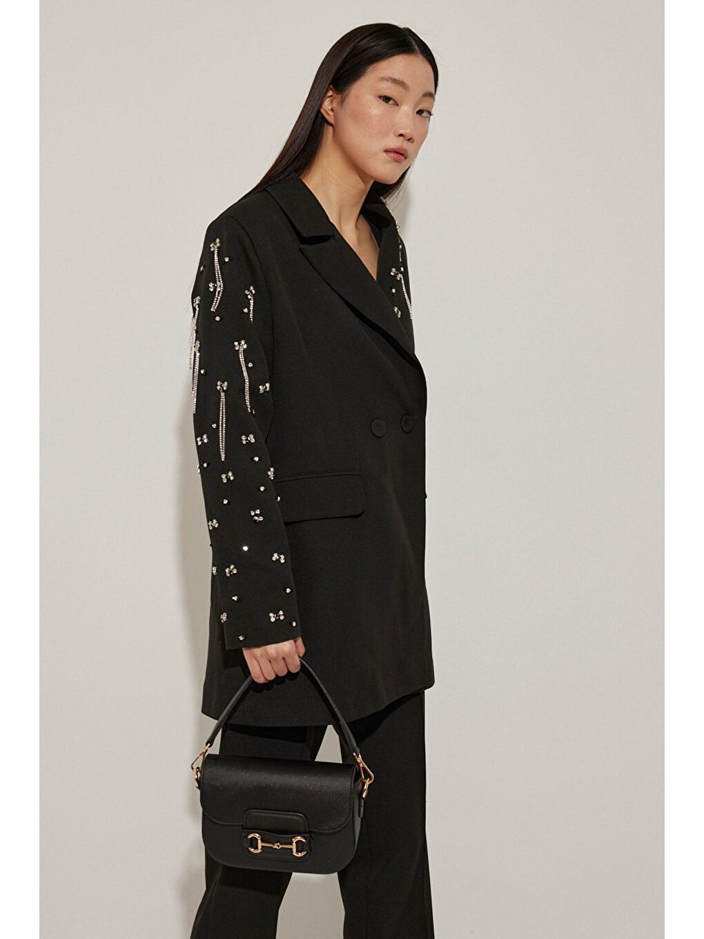 Yaka Ve Kolları Taş İşlemeli Siyah Blazer Ceket-4