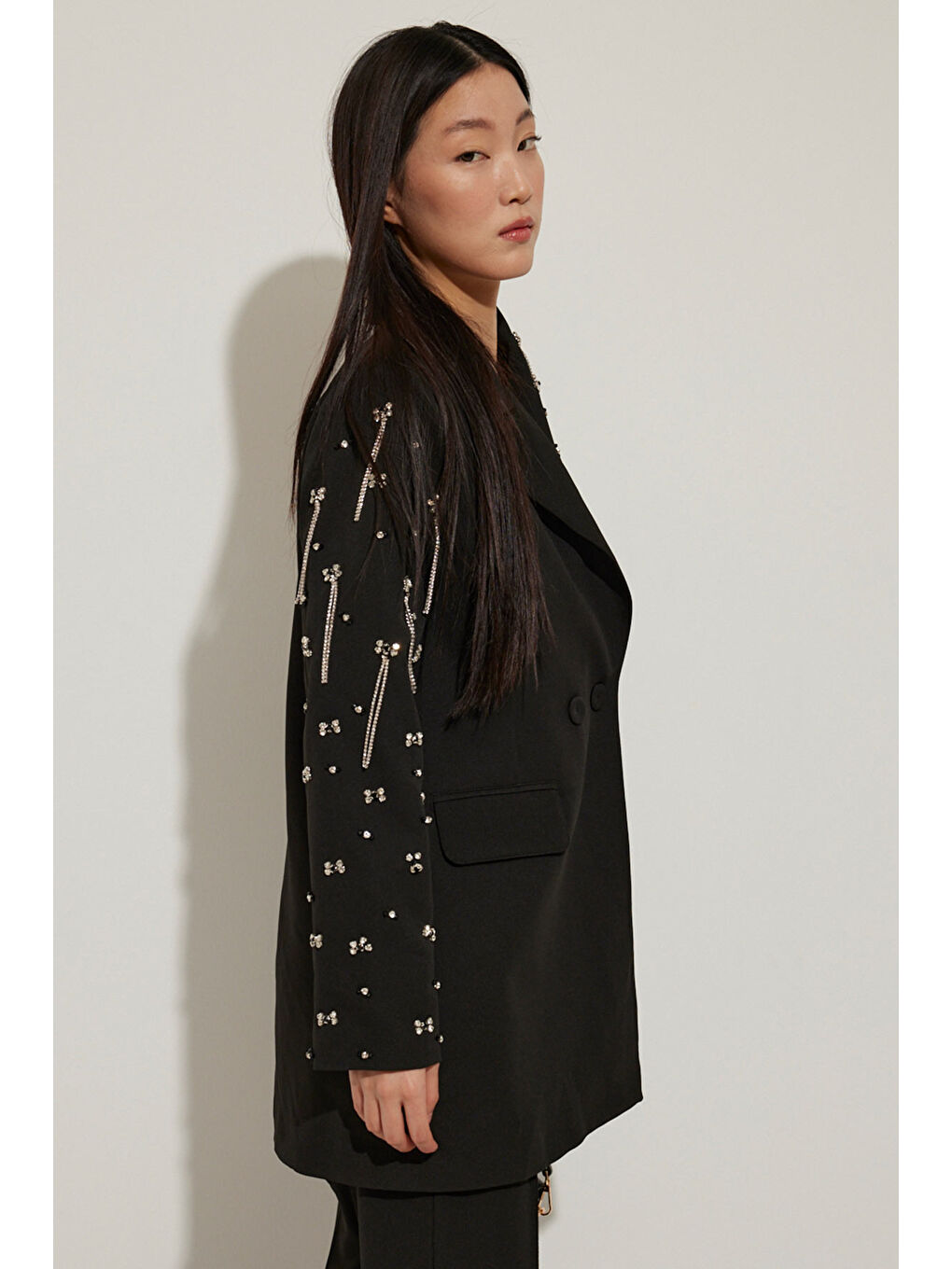 Yaka Ve Kolları Taş İşlemeli Siyah Blazer Ceket-6