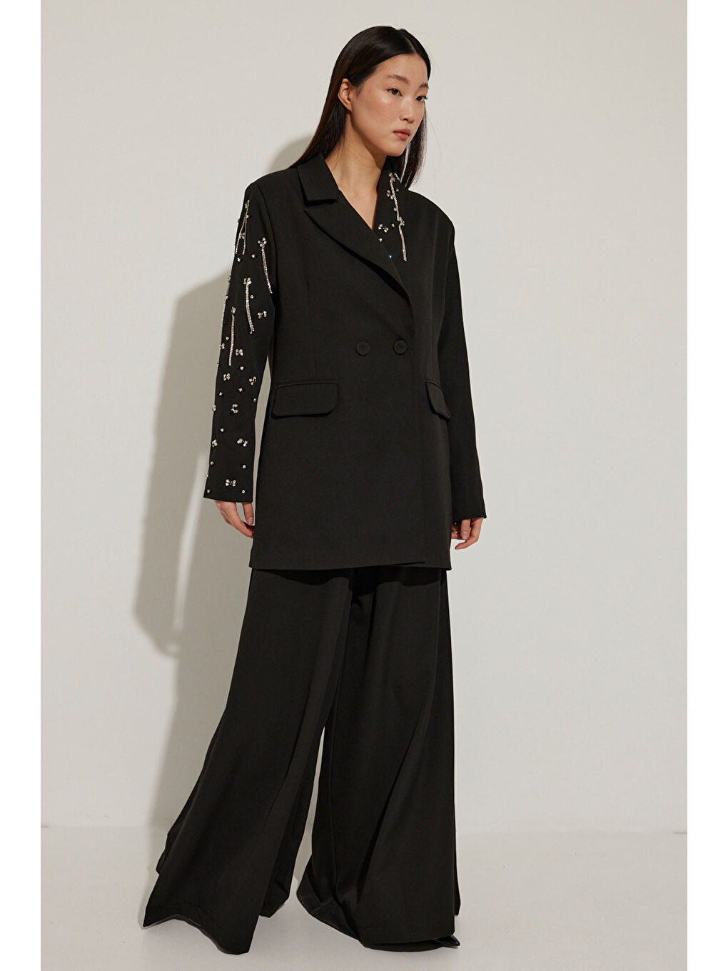 Yaka Ve Kolları Taş İşlemeli Siyah Blazer Ceket-8