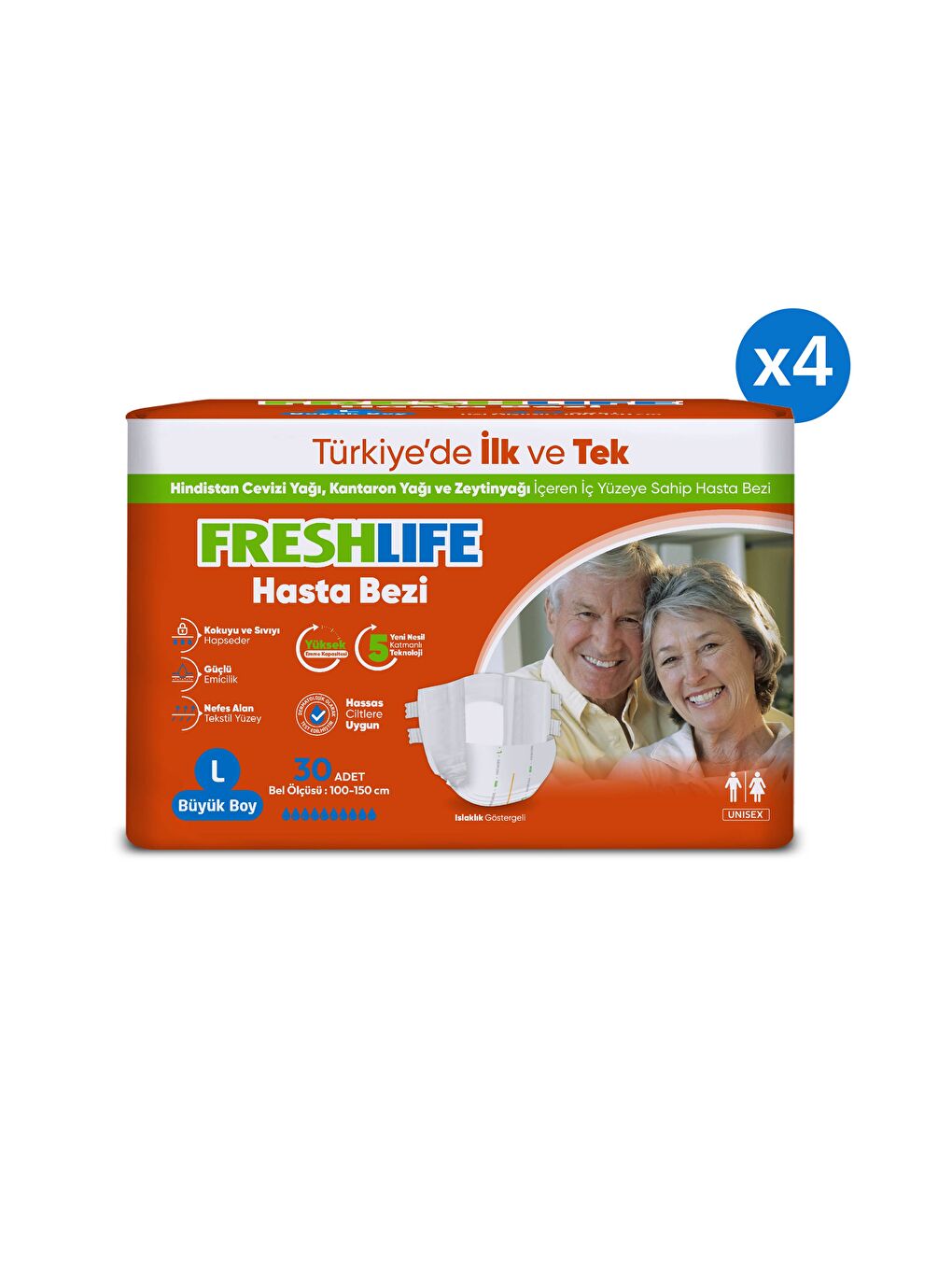 4'lü Large Beden Büyük Boy Yetişkin Hasta Bezi 30x4 (120 Adet)-1