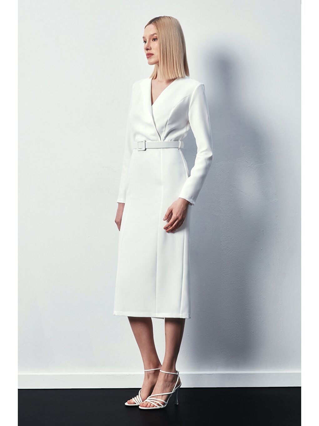 Kemerli Kalem Elbise - Ekru