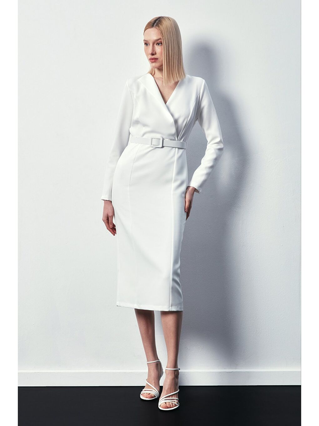 Kemerli Kalem Elbise - Ekru-1