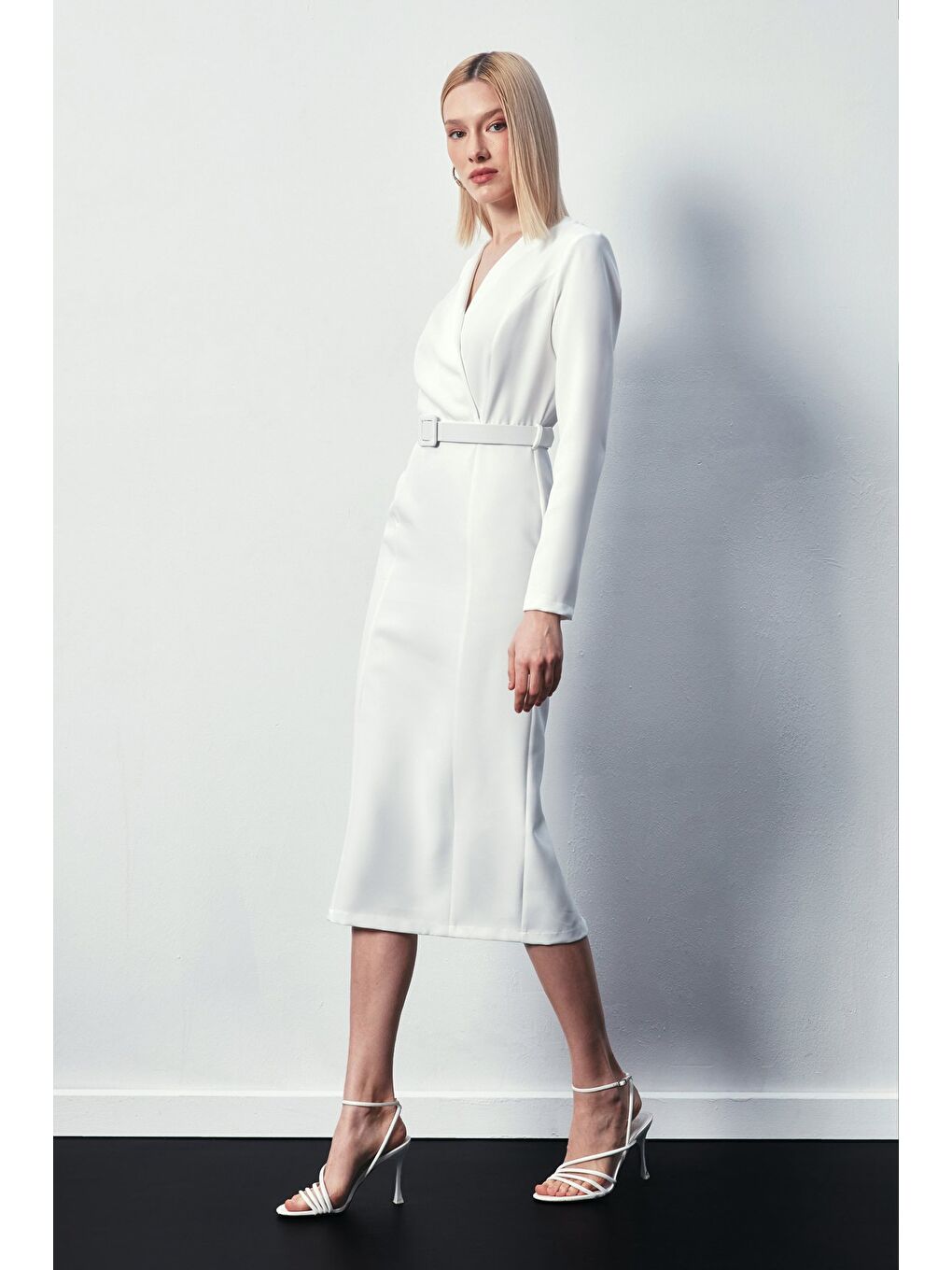 Kemerli Kalem Elbise - Ekru-2