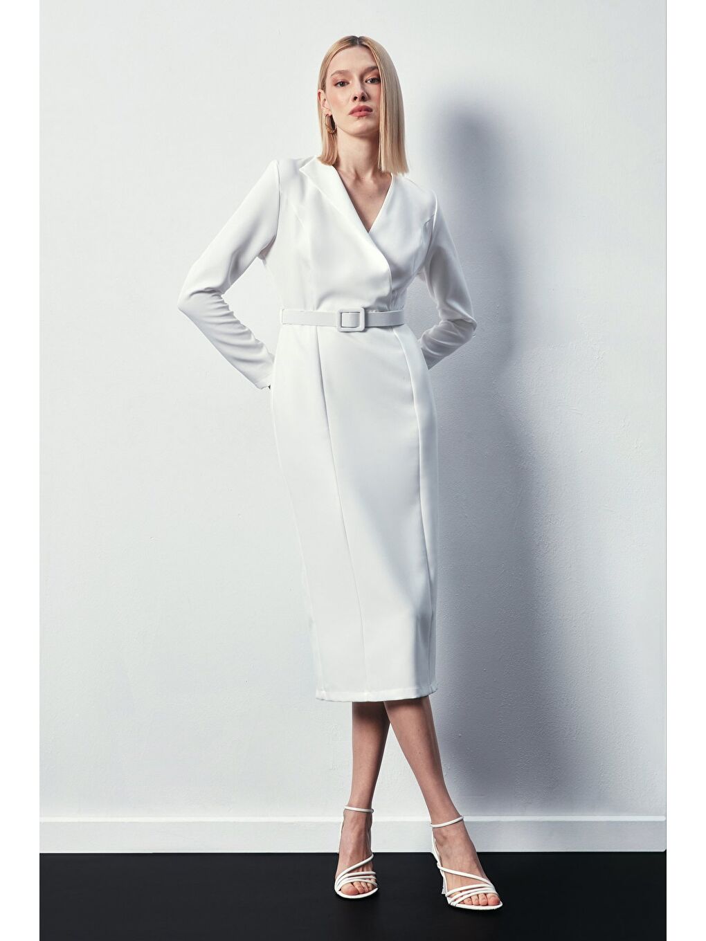 Kemerli Kalem Elbise - Ekru-3