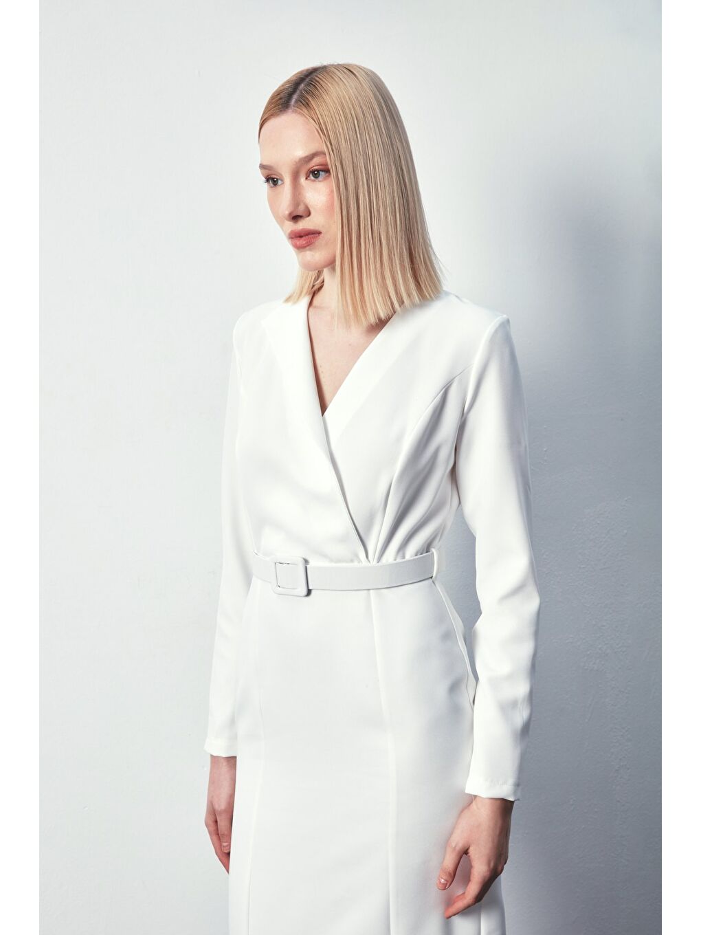 Kemerli Kalem Elbise - Ekru-4