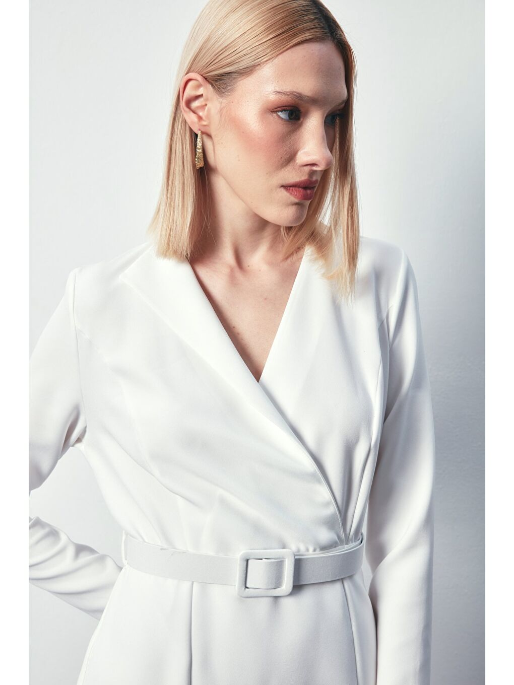 Kemerli Kalem Elbise - Ekru-5