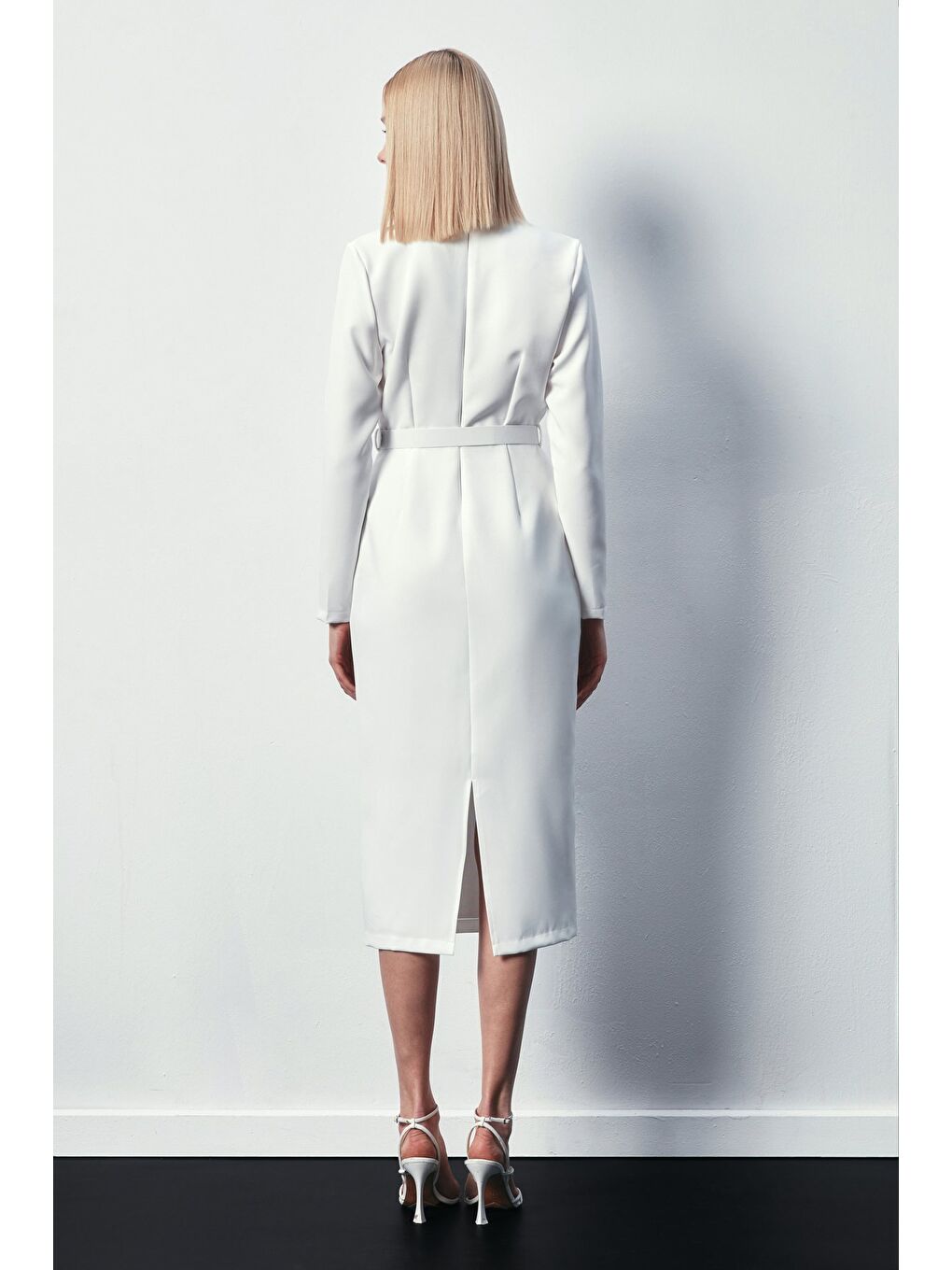 Kemerli Kalem Elbise - Ekru-6