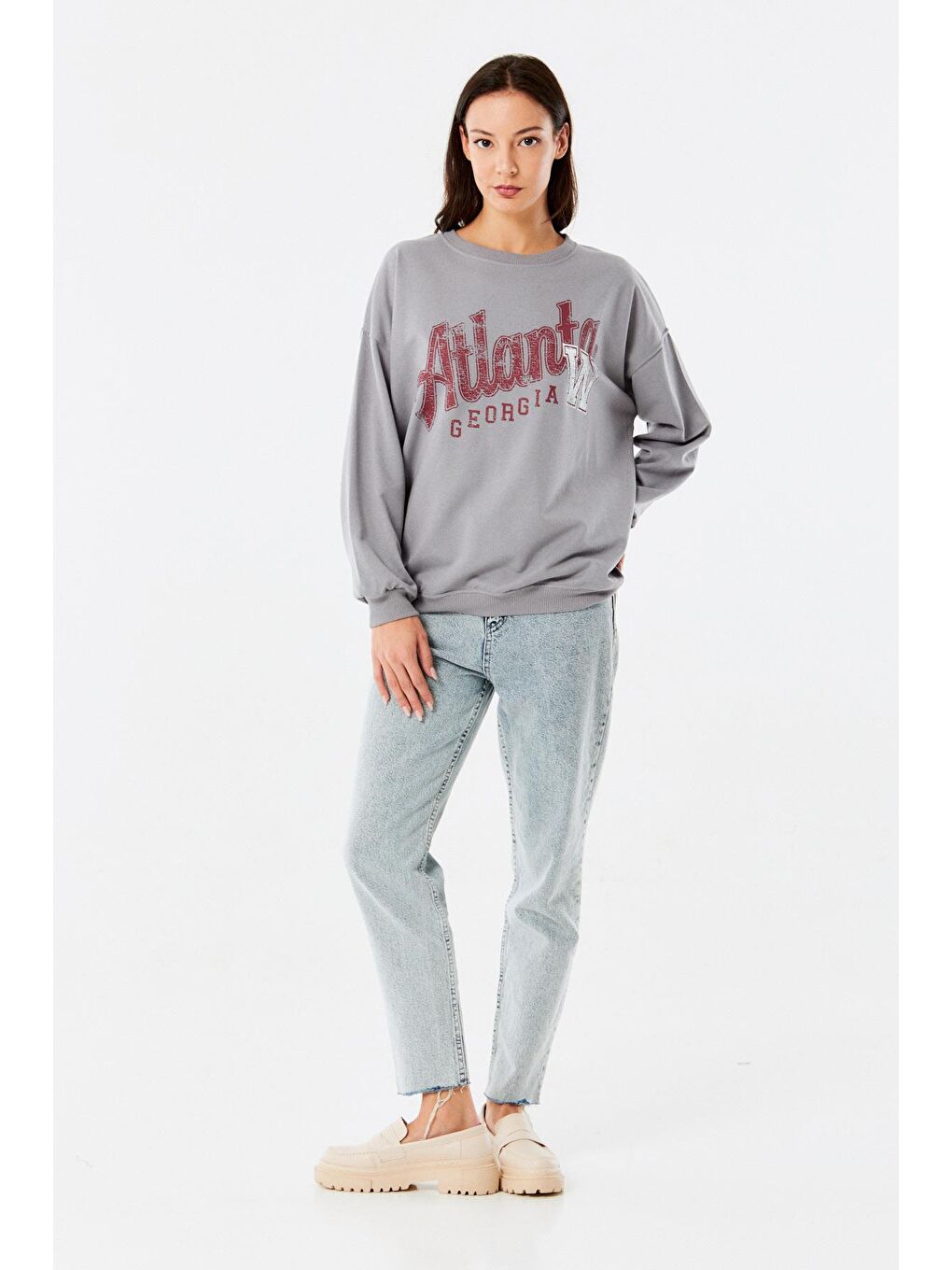 Gri Atlanta Baskılı Bisiklet Yaka Sweatshirt