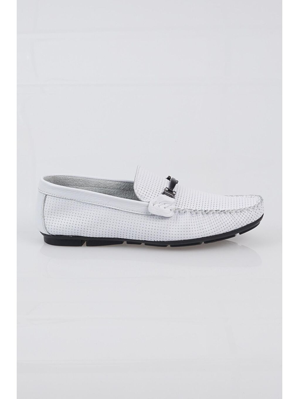 Erkek Beyaz Toka Detaylı Rahat Kalıp Hakiki Deri Loafer-4