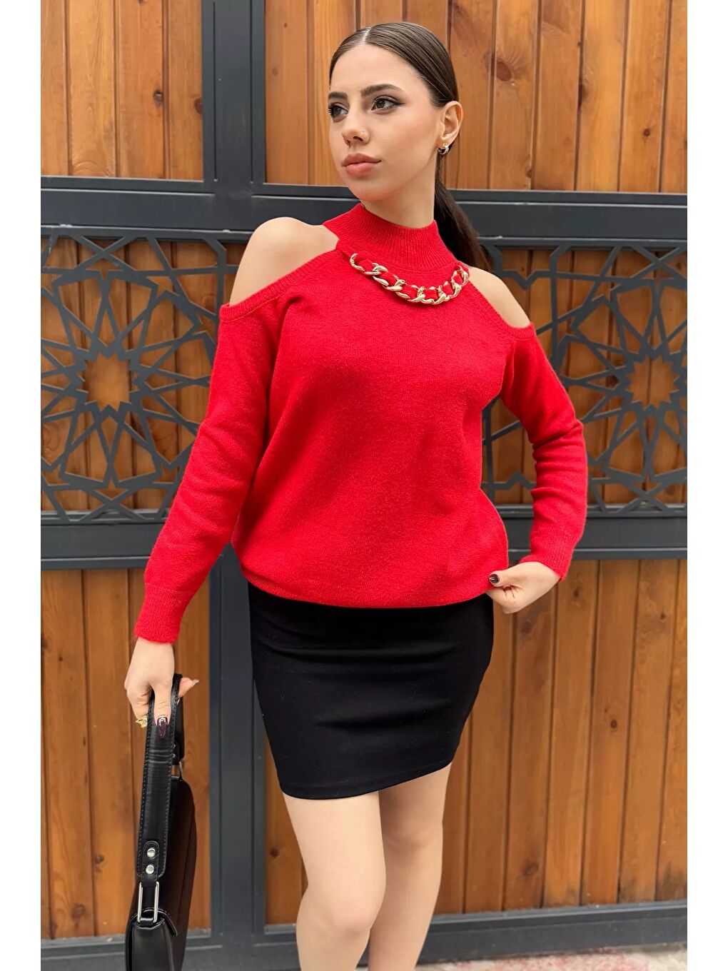 Kırmızı Kadın Ön Zincir Detaylı Omuz Dekolteli Triko Bluz (s-m-l Beden Uyumludur)-3