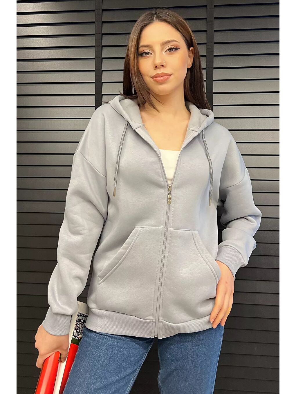 Gri Kapüşonlu Üç İplik Şardonlu Kadın Sweatshirt-1
