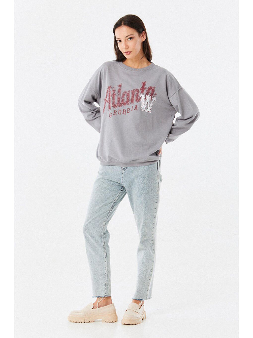 Gri Atlanta Baskılı Bisiklet Yaka Sweatshirt-1