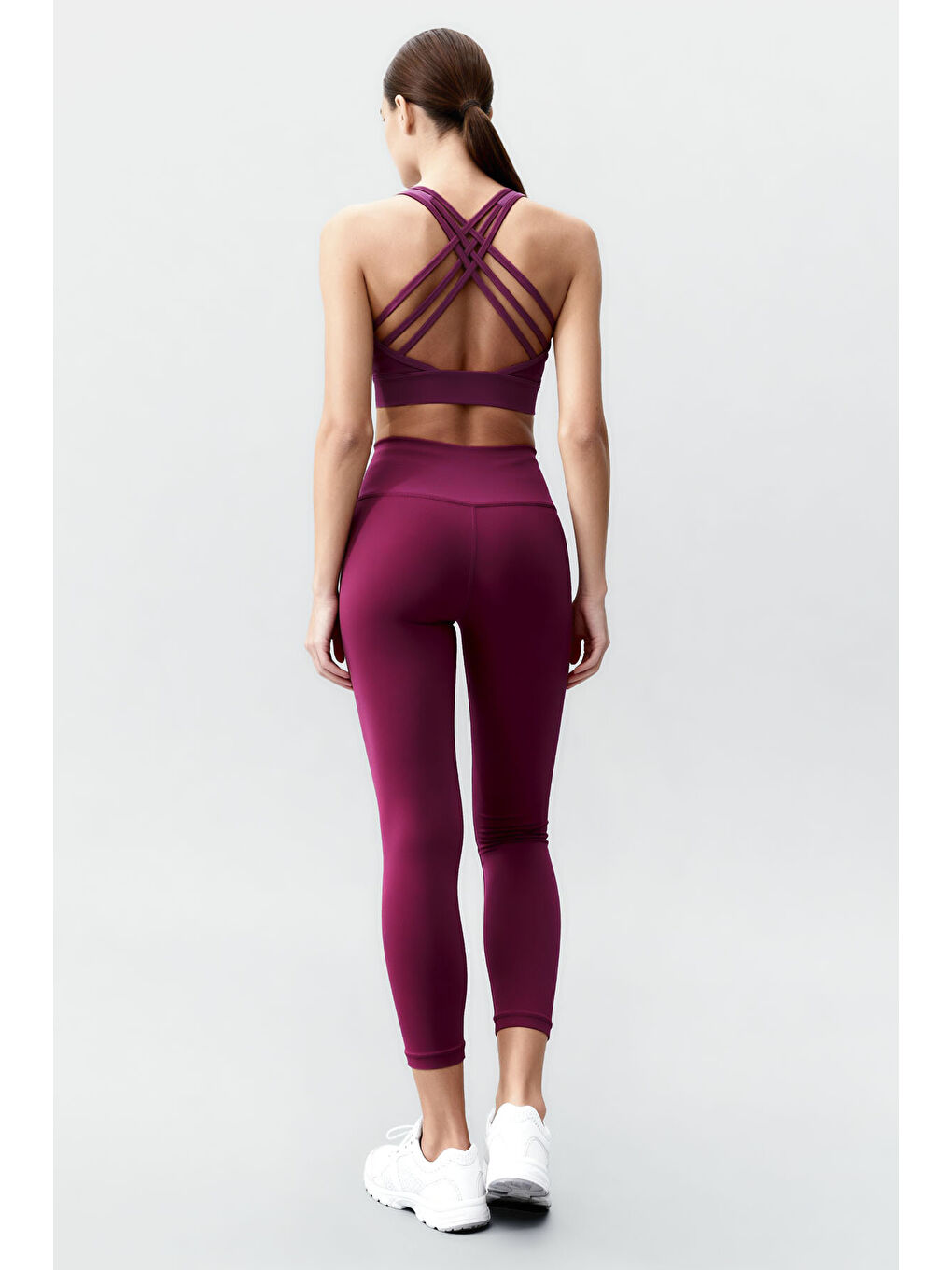 Bordo Yüksek Bel Toparlayıcı Çapraz Sırt Detaylı Slim Fit Kadın Tayt Takım - 95283-4