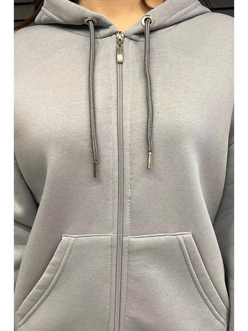 Gri Kapüşonlu Üç İplik Şardonlu Kadın Sweatshirt-2