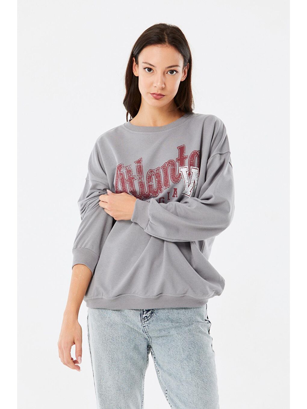 Gri Atlanta Baskılı Bisiklet Yaka Sweatshirt-2