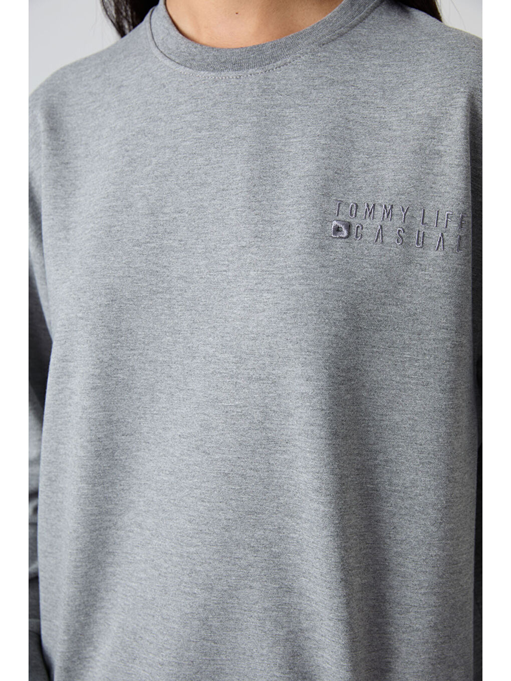 Gri Melanj Bisiklet Yaka Oversize Lastik Paça Kadın Eşofman Takımı - 95287-3