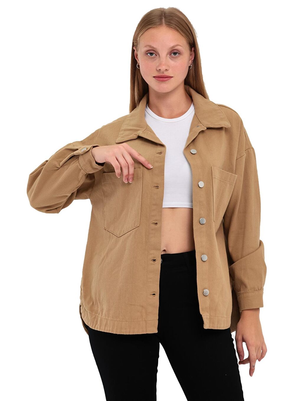 Kahverengi Kadın Önü Çift Cepli Gabardin Ceket