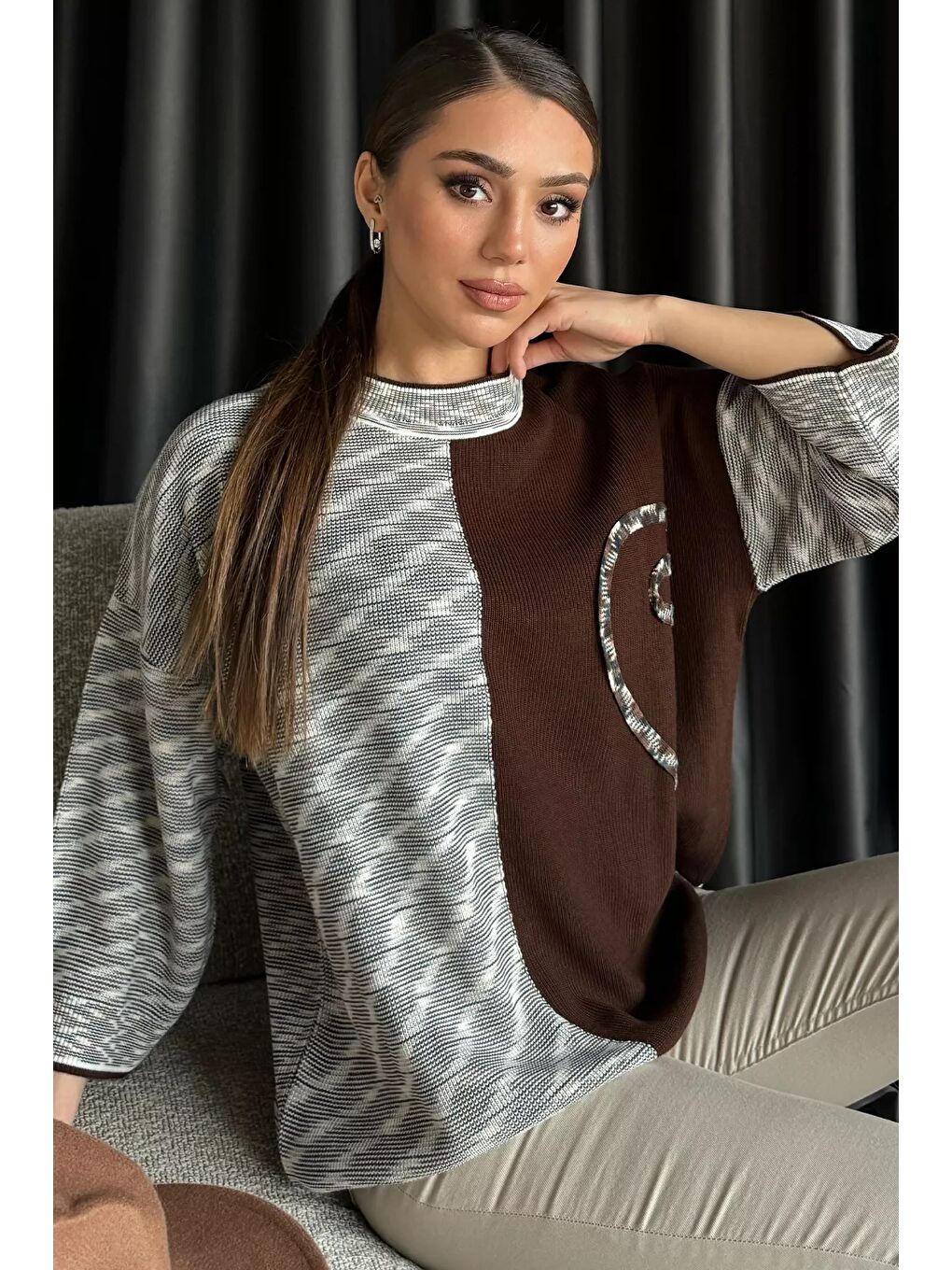 Kahverengi Kadın Kendinden Desenli Triko Kazak