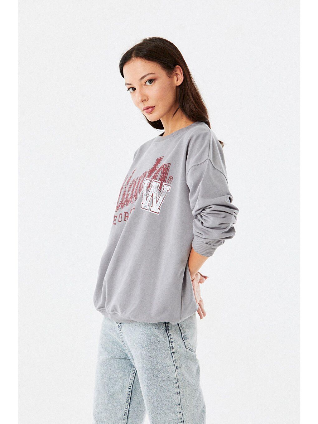 Gri Atlanta Baskılı Bisiklet Yaka Sweatshirt-3