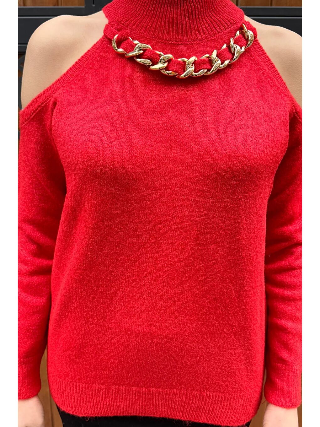 Kırmızı Kadın Ön Zincir Detaylı Omuz Dekolteli Triko Bluz (s-m-l Beden Uyumludur)-5