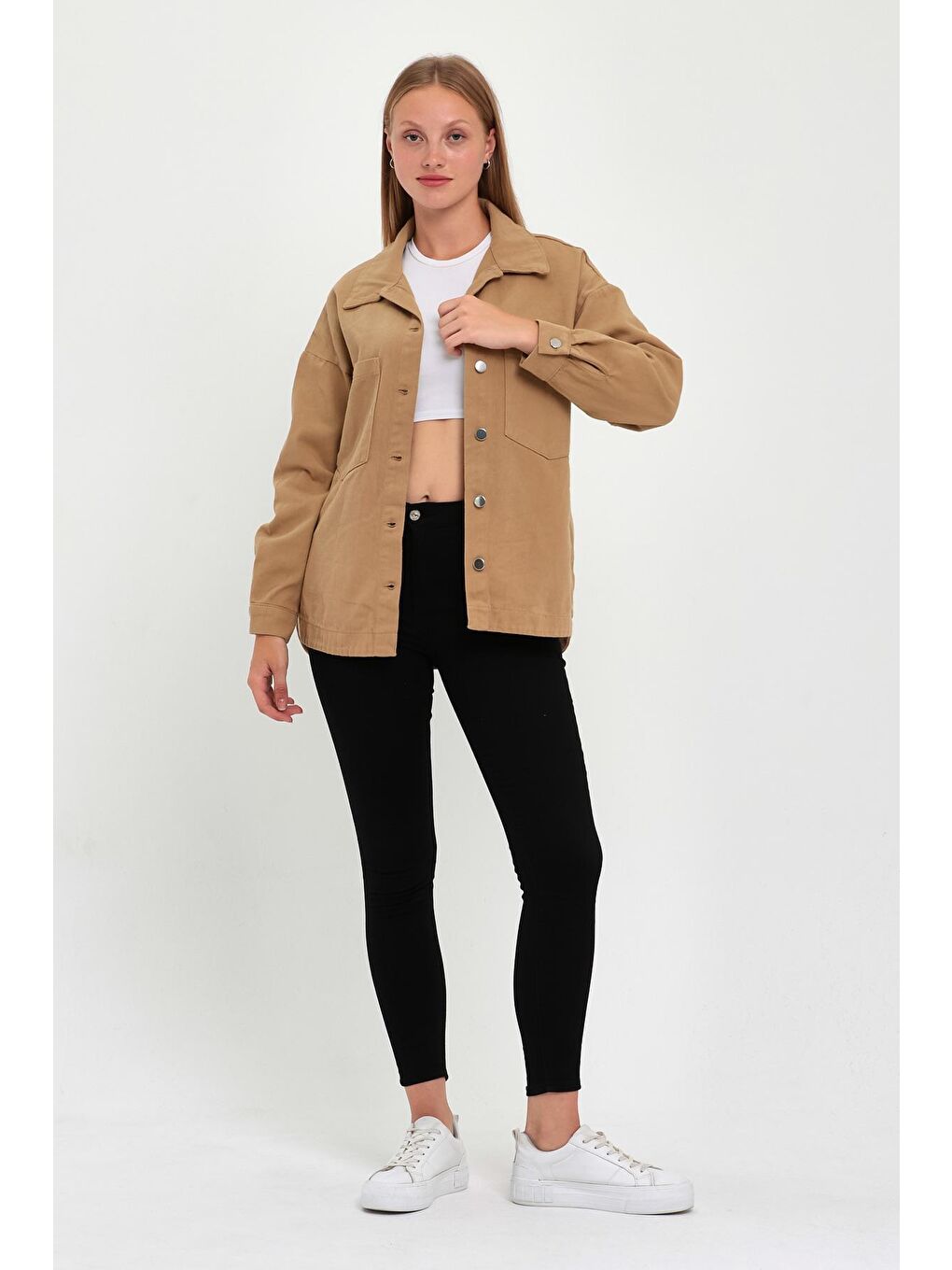 Kahverengi Kadın Önü Çift Cepli Gabardin Ceket-1