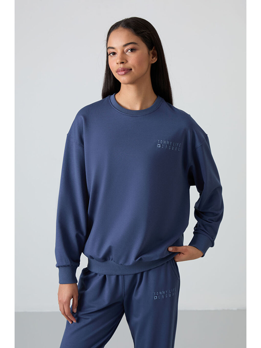 Petrol Bisiklet Yaka Oversize Lastik Paça Kadın Eşofman Takımı - 95287-1