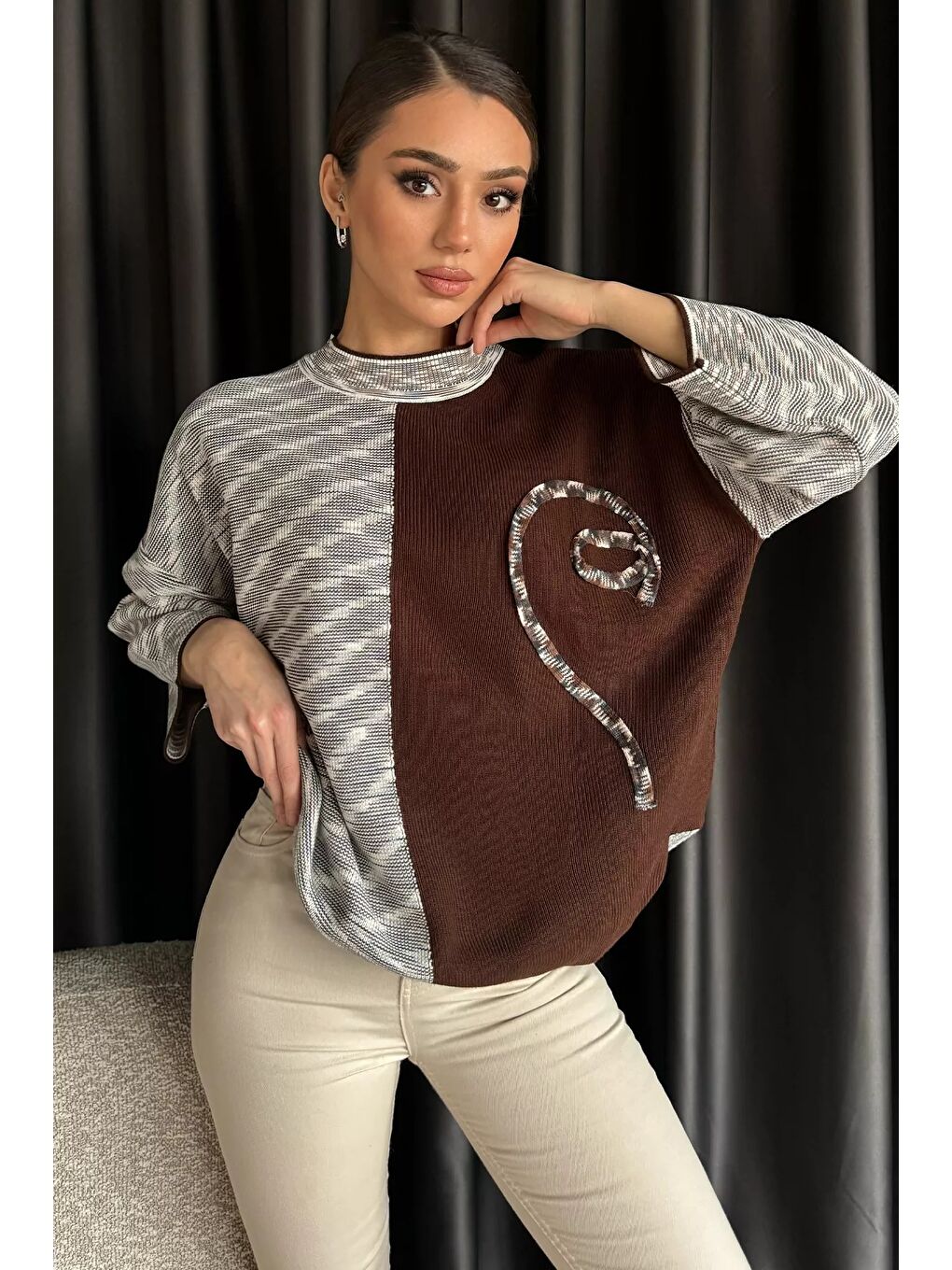 Kahverengi Kadın Kendinden Desenli Triko Kazak-1