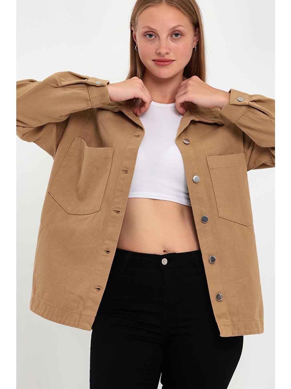 Kahverengi Kadın Önü Çift Cepli Gabardin Ceket-2