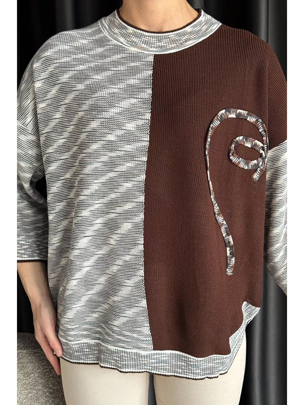 Kahverengi Kadın Kendinden Desenli Triko Kazak-2