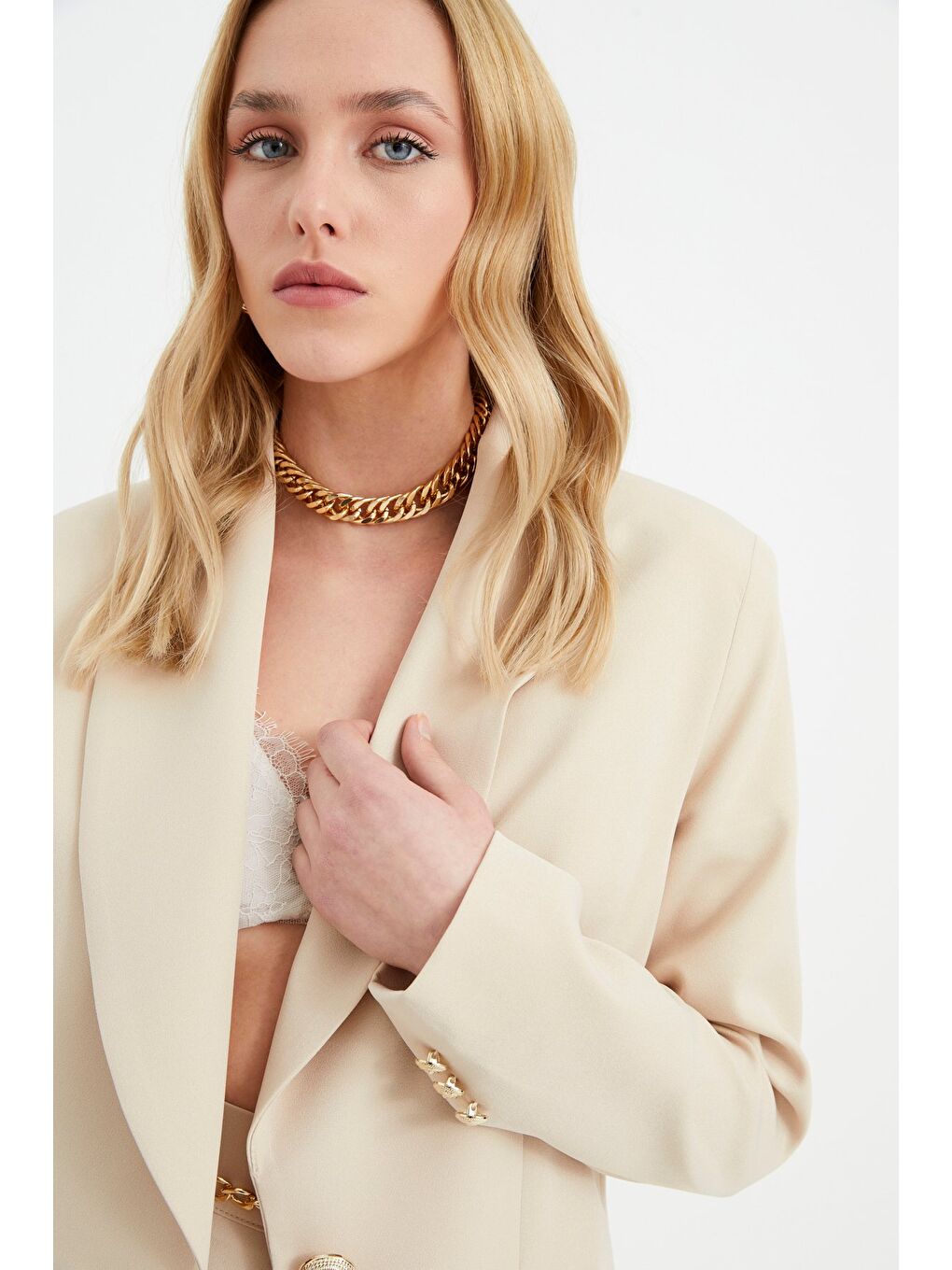 Düğme Detaylı Uzun Ceket - Bej