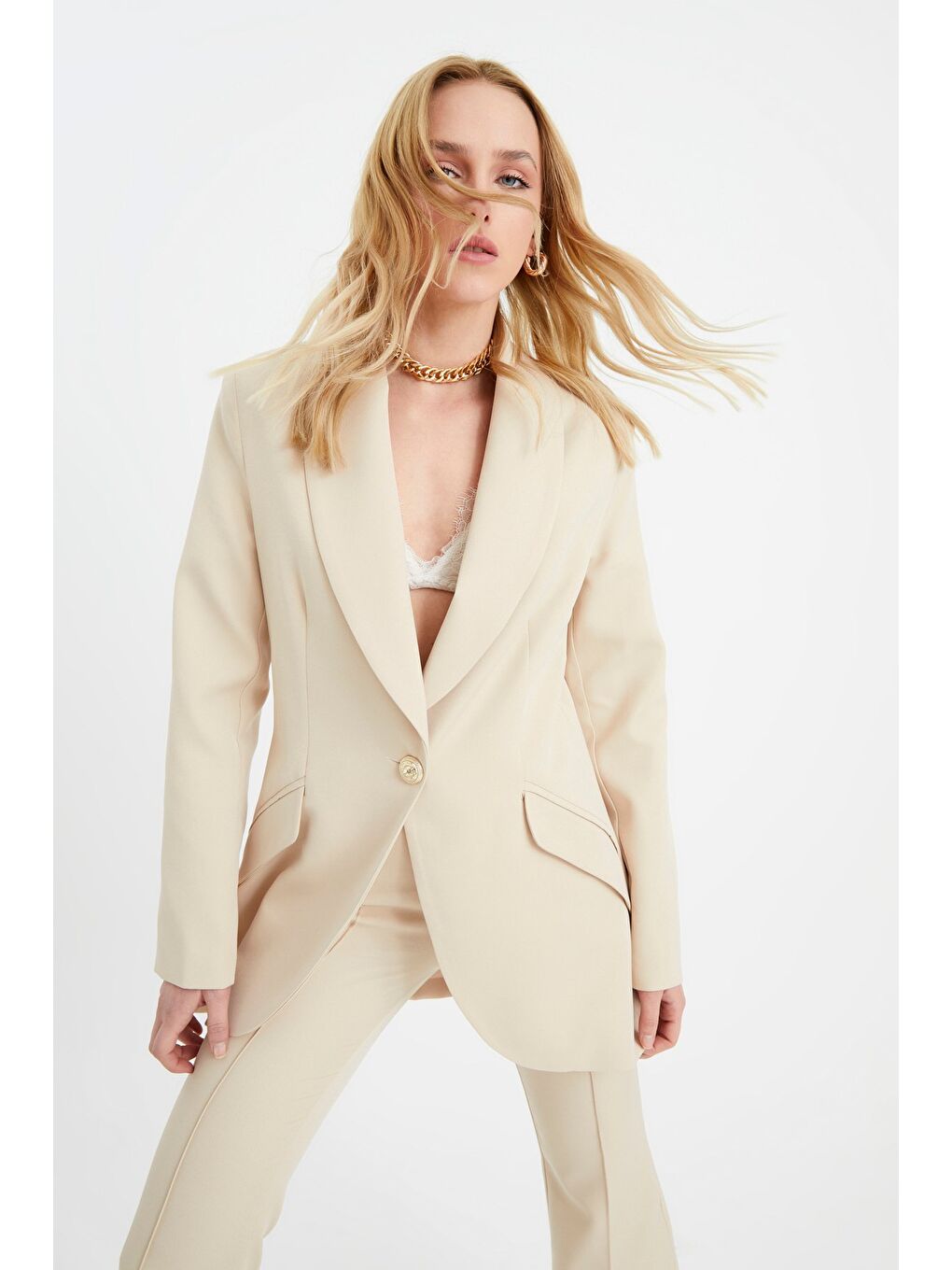 Düğme Detaylı Uzun Ceket - Bej-2