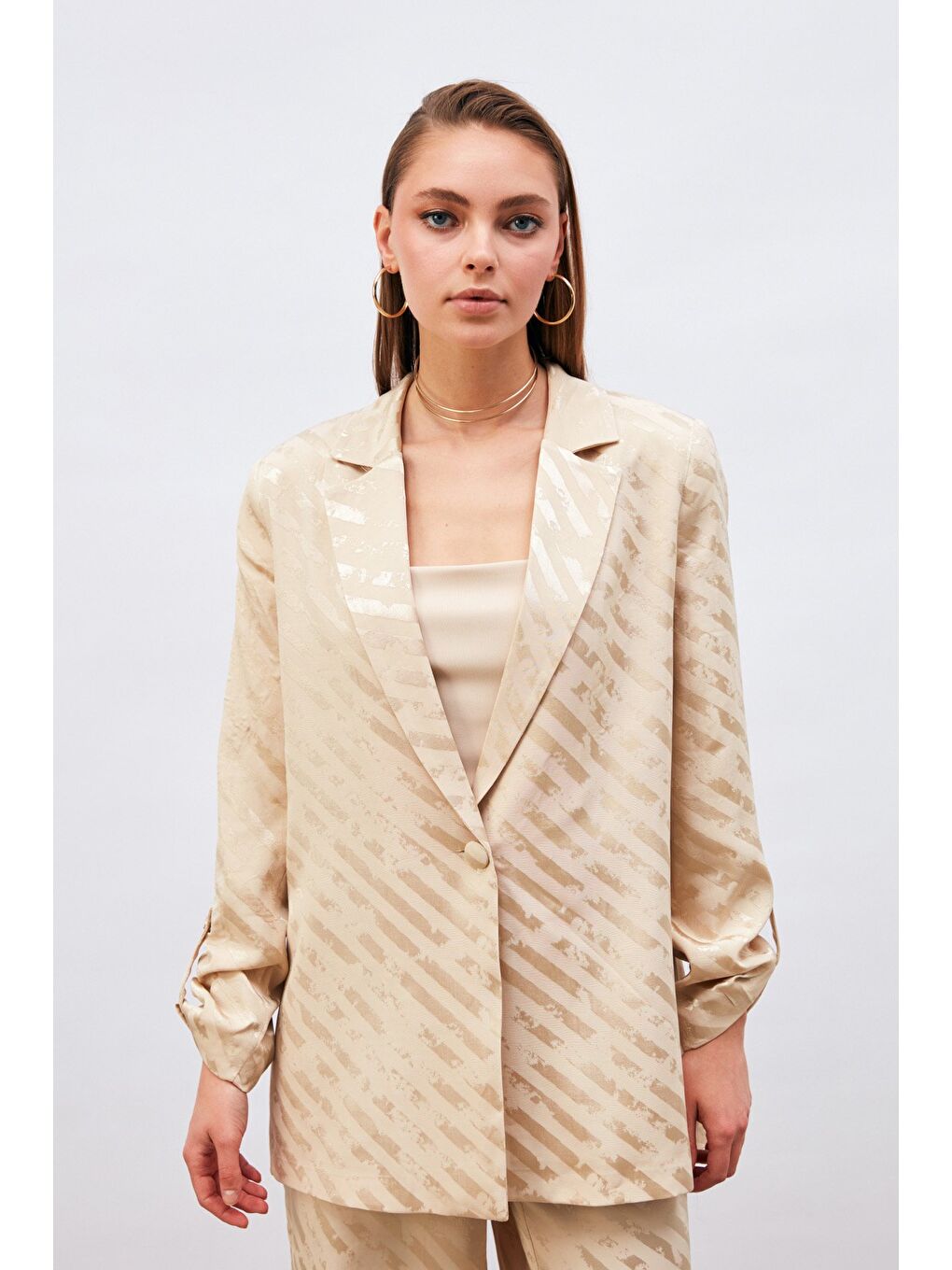 Kol Detaylı Desenli Salaş Ceket - Bej-1