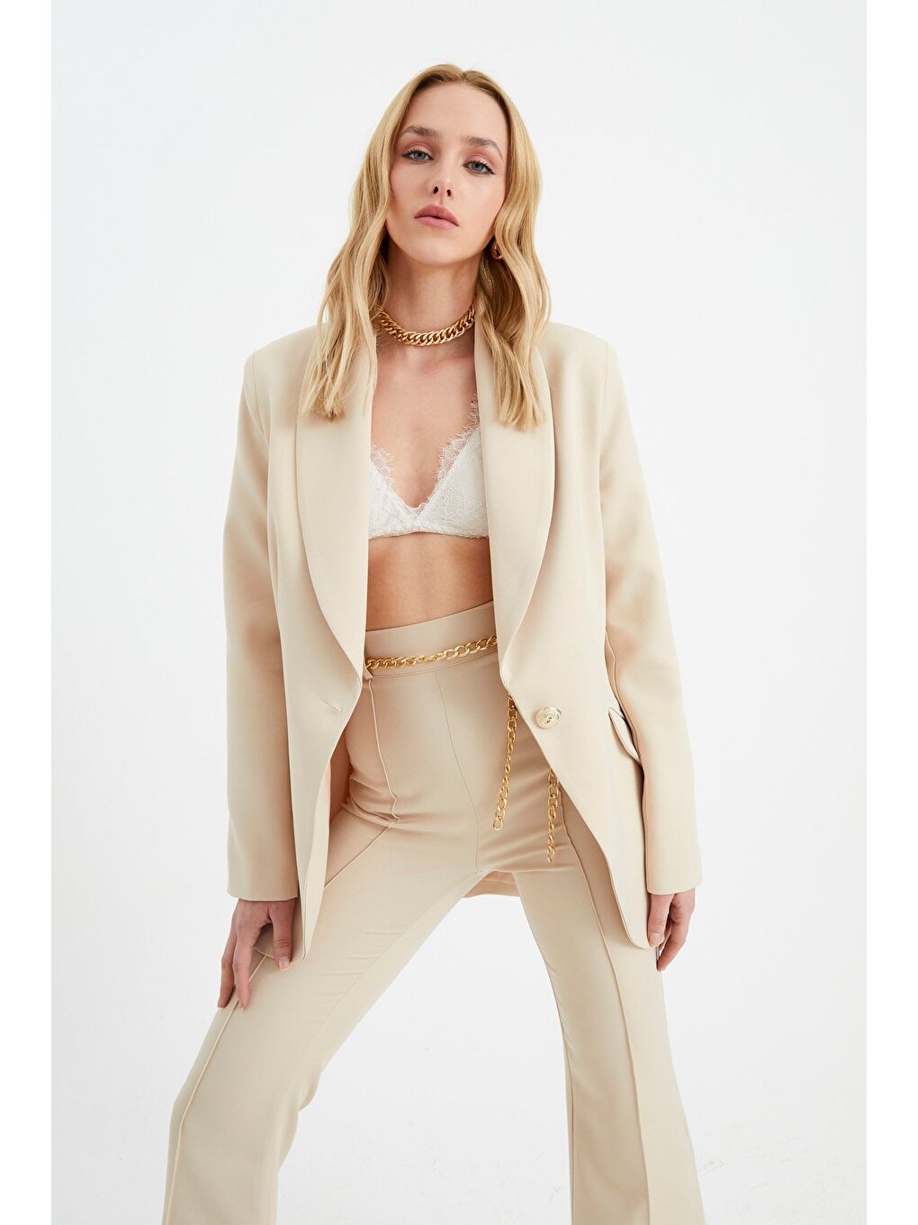 Düğme Detaylı Uzun Ceket - Bej-3