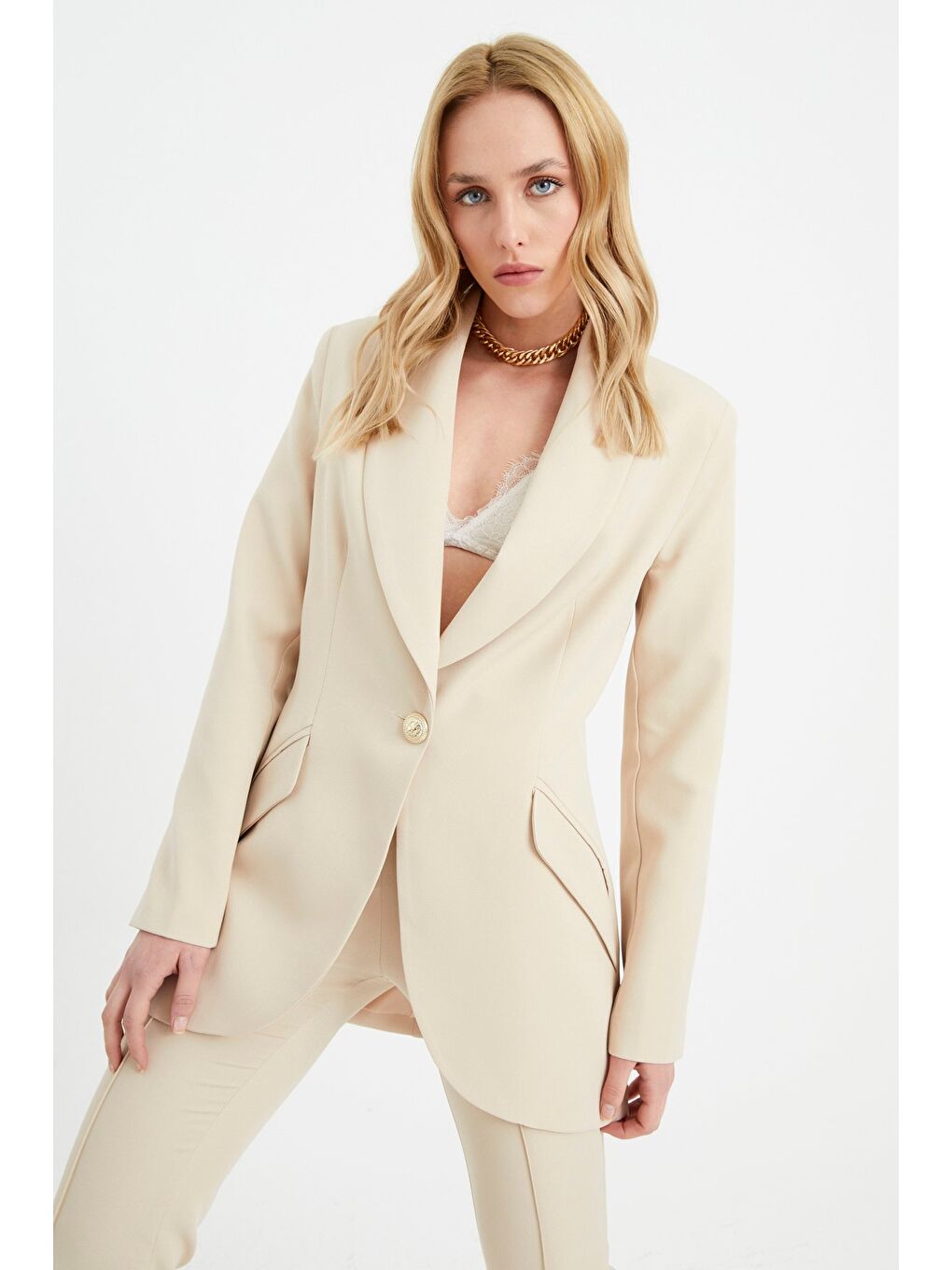 Düğme Detaylı Uzun Ceket - Bej-4