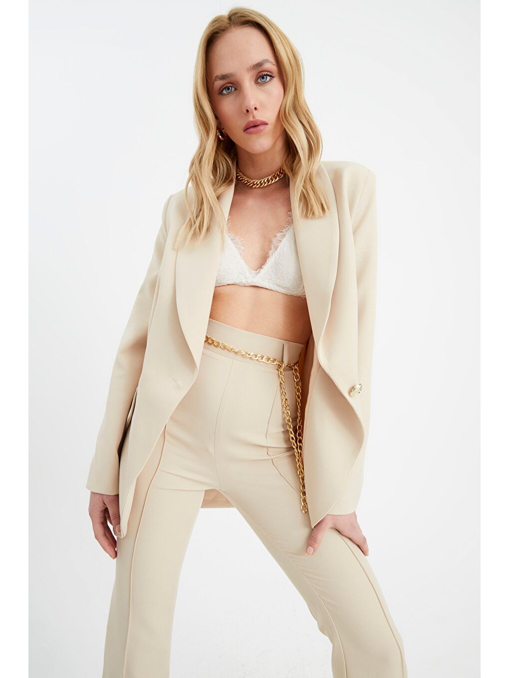 Düğme Detaylı Uzun Ceket - Bej-5