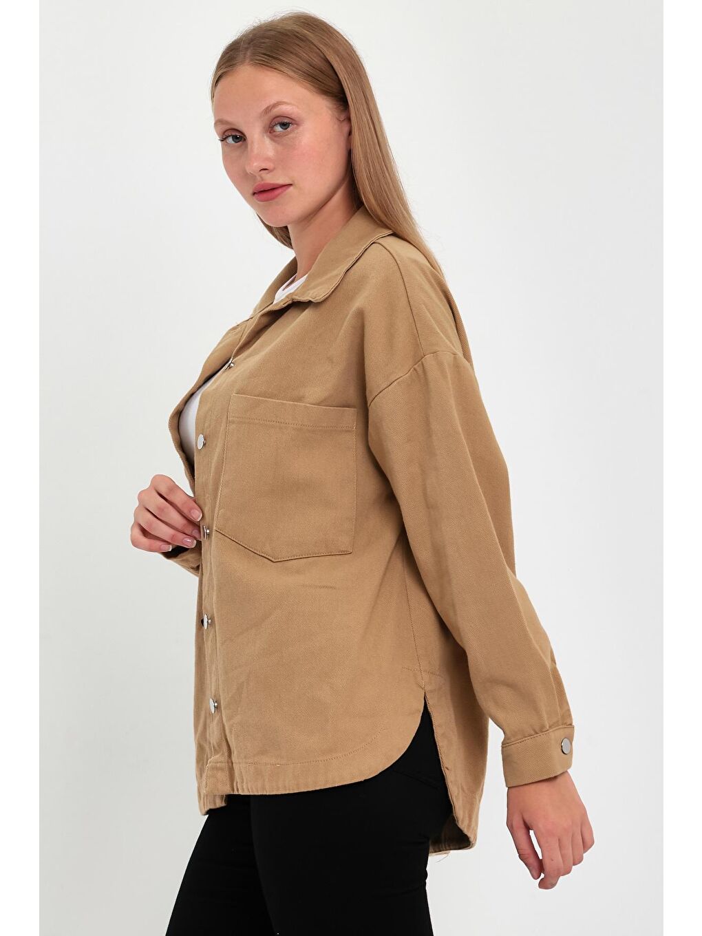 Kahverengi Kadın Önü Çift Cepli Gabardin Ceket-3