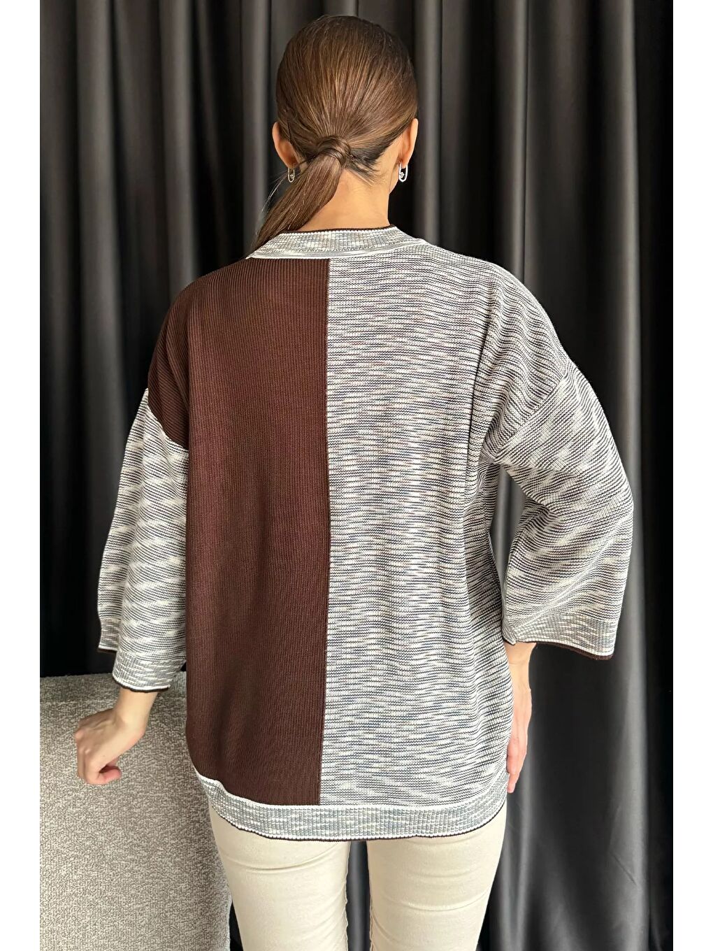 Kahverengi Kadın Kendinden Desenli Triko Kazak-3