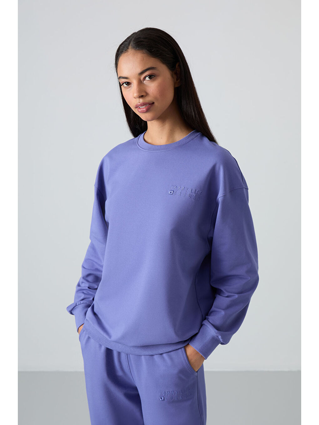 Mavi Eflatun Bisiklet Yaka Oversize Lastik Paça Kadın Eşofman Takımı - 95287-1