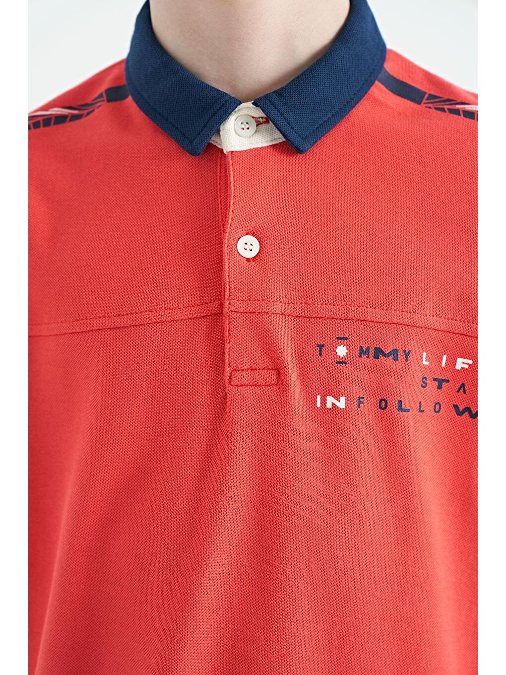 TOMMYLIFE Açık Kırmızı Coral Baskı Detaylı Standart Kalıp Polo Yaka Erkek Çocuk T-Shirt - 11140 - 4