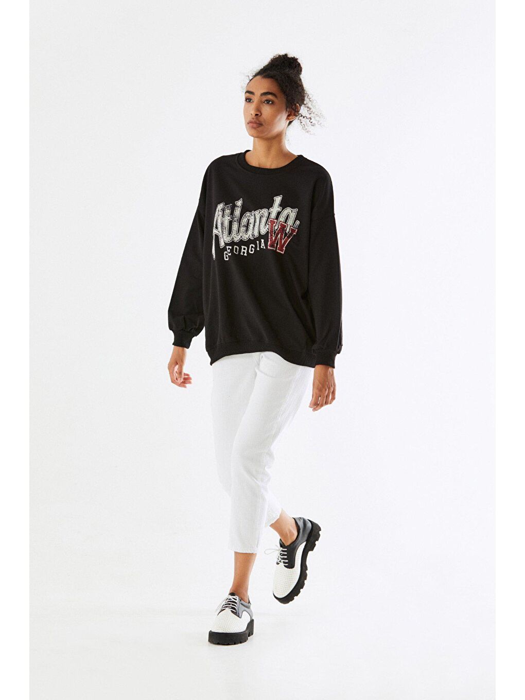 Siyah Atlanta Baskılı Bisiklet Yaka Sweatshirt-2