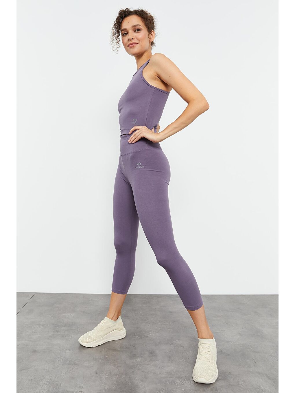 Mor Eflatun Yüksek Bel Kapri-Crop Atlet Slim Fit Kadın Tayt Takım - 95284-3