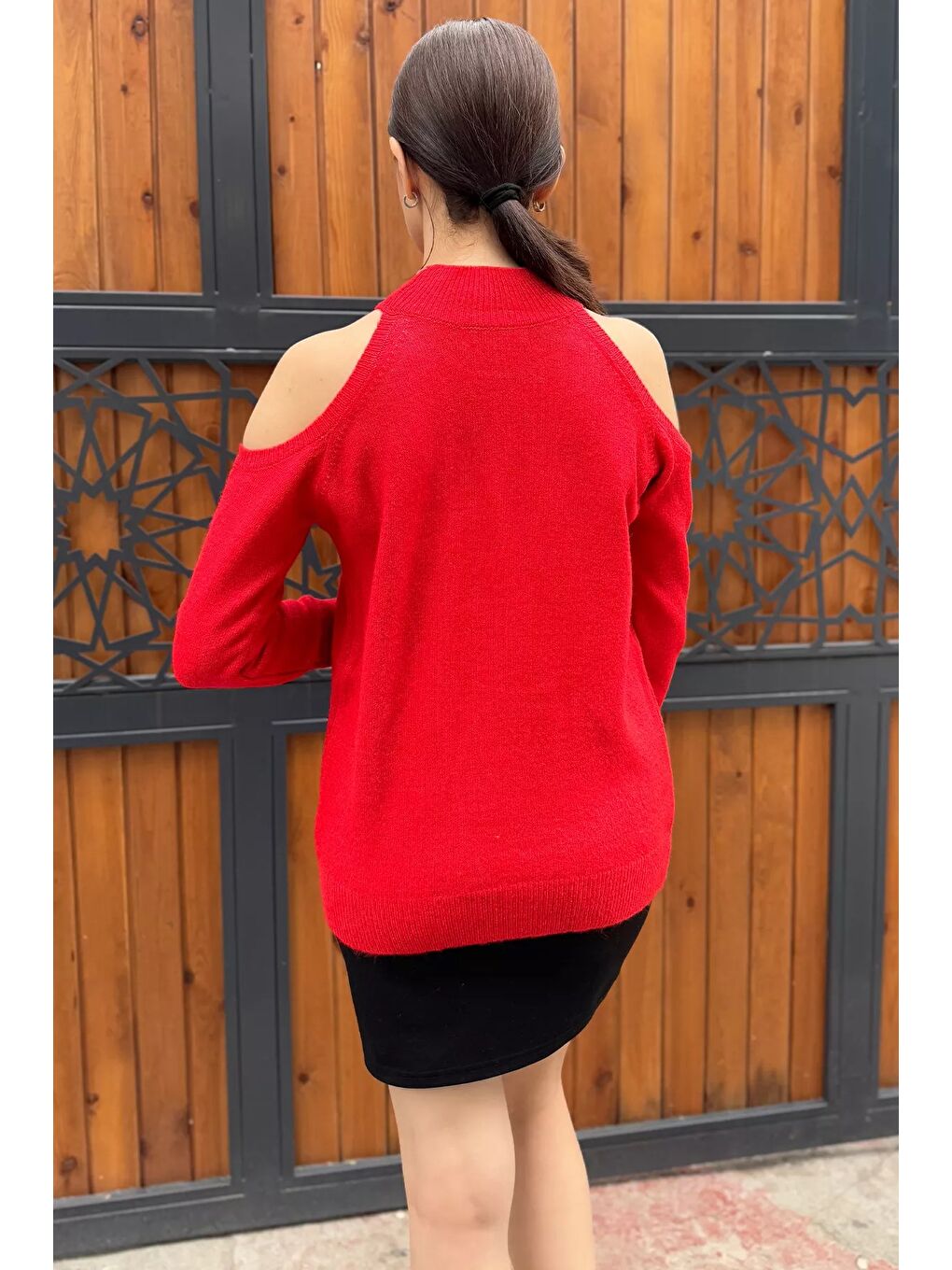 Kırmızı Kadın Ön Zincir Detaylı Omuz Dekolteli Triko Bluz (s-m-l Beden Uyumludur)-7