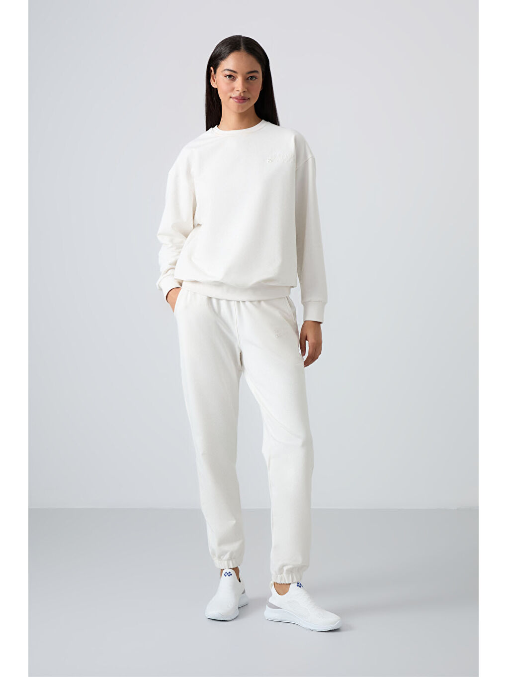 Ekru Bisiklet Yaka Oversize Lastik Paça Kadın Eşofman Takımı - 95287