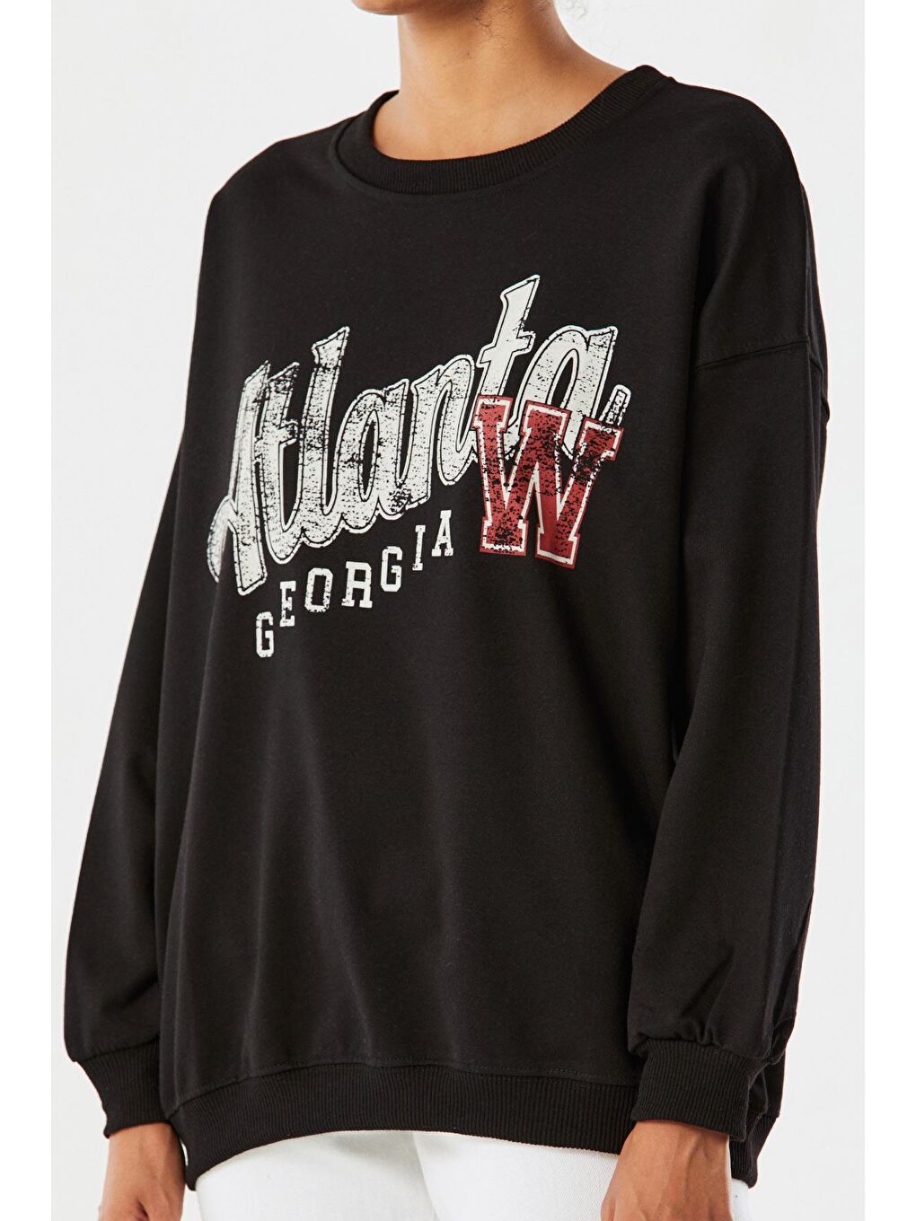 Siyah Atlanta Baskılı Bisiklet Yaka Sweatshirt-3