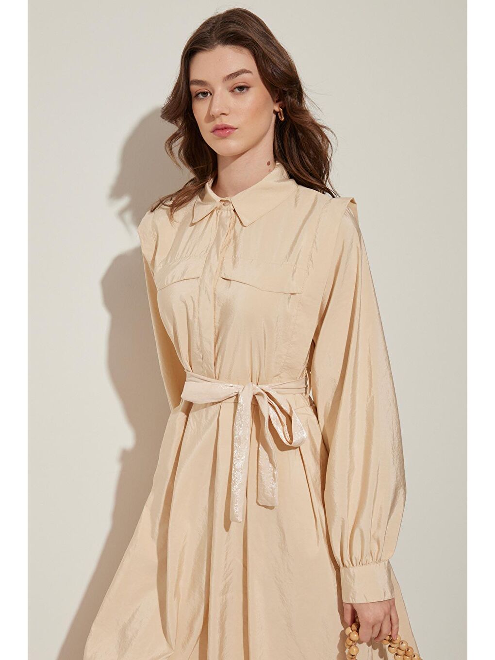 Ekru Pile Detaylı Elbise - Krem